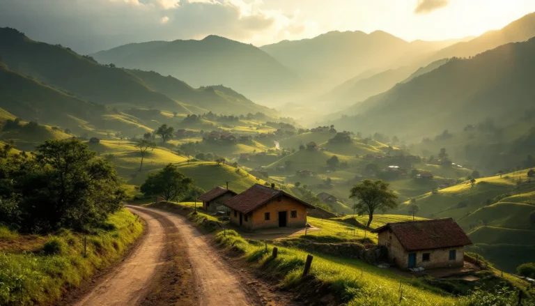Village isole de maisons en terre dispersees dans les vallees verdoyantes des Andes equatoriennes au coucher du soleil. Image générée par IA.