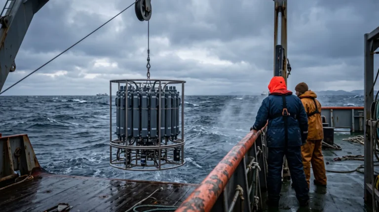 Une rosette de prélèvement océanographique suspendue à un treuil au-dessus d'une mer grise, sur le pont d'un navire de recherche. Image générée par IA.
