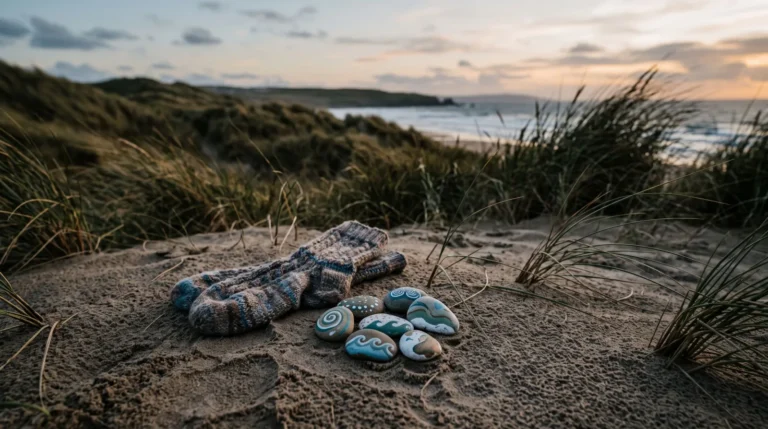 Des chaussettes en laine et des galets peints de motifs de vagues, posés sur le sable des dunes au bord de la mer au crépuscule. Image générée par IA.