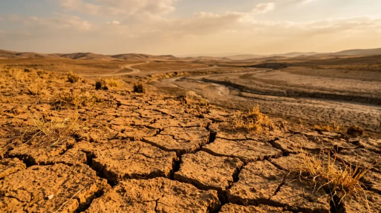 Terre agricole craquelée par la sécheresse et lit de rivière asséché sous un ciel de fin de journée. Image générée par IA.