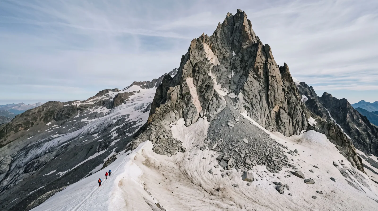 Aiguille de granit des Alpes marquée de cassures claires, large cône d'éboulis de blocs sur la neige à son pied, trois alpinistes minuscules sur la crête enneigée. Image générée par IA.