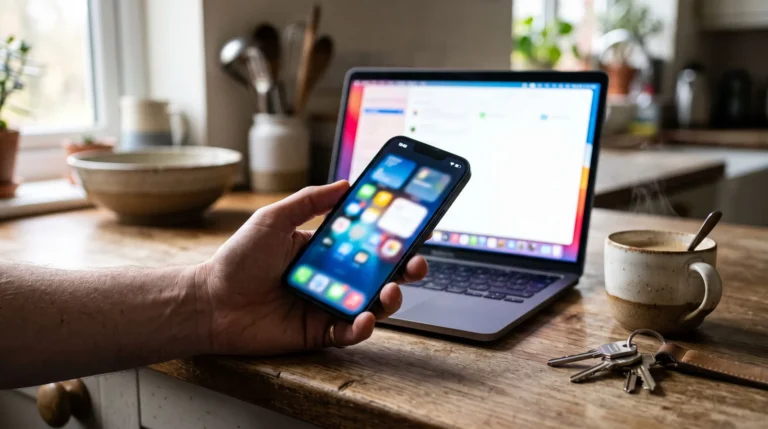 Une main tient un iPhone dont l'écran allumé affiche une interface floue et colorée, devant un MacBook portable ouvert également éclairé, posés sur un plan de travail avec une tasse et des clés, dans une lumière matinale naturelle. Image générée par IA.