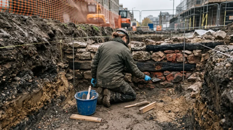 Archéologue vue de dos, à genoux dans une tranchée de fouille en ville, dégageant à la truelle un mur de pierres traversé de poutres de bois noircies. Image générée par IA.