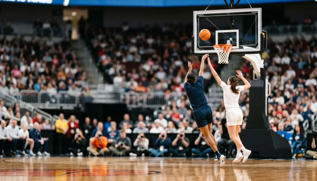 Une basketteuse tire au panier devant une défenseuse qui lève les bras, toutes deux vues de dos, dans une salle comble. Image générée par IA.