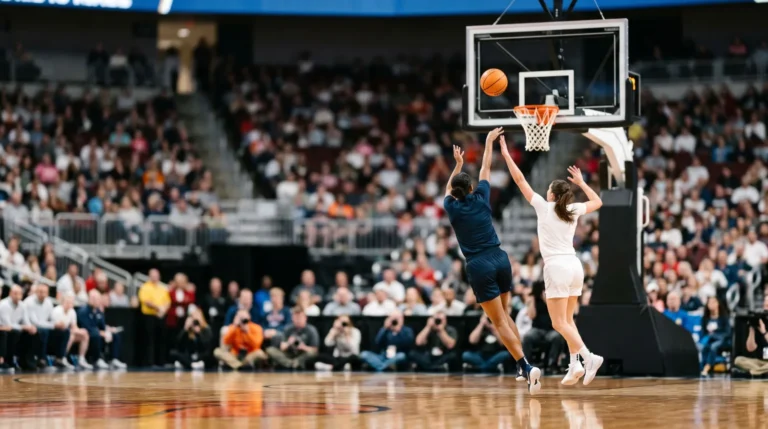 Une basketteuse tire au panier devant une défenseuse qui lève les bras, toutes deux vues de dos, dans une salle comble. Image générée par IA.