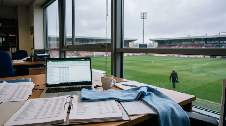 Bureau avec classeurs de comptes, ordinateur portable et écharpe bleu ciel, devant une baie vitrée donnant sur la pelouse d'un stade de football par temps gris. Image générée par IA.