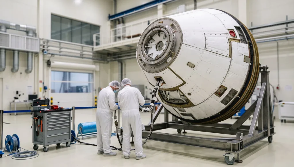 Capsule spatiale en cours d'assemblage dans une salle blanche, deux techniciens en combinaison blanche vus de dos. Image générée par IA.