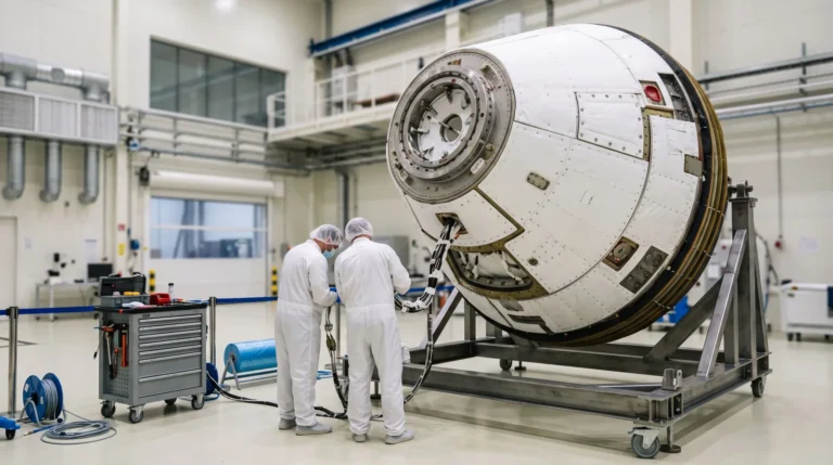 Capsule spatiale en cours d'assemblage dans une salle blanche, deux techniciens en combinaison blanche vus de dos. Image générée par IA.