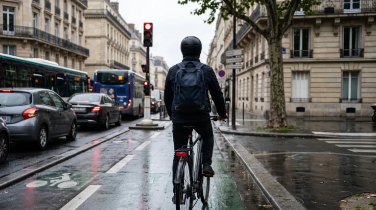 Un cycliste casqué vu de dos attend à un feu rouge dans une rue française, une file de voitures et un bus arrêtés à sa gauche. Image générée par IA.