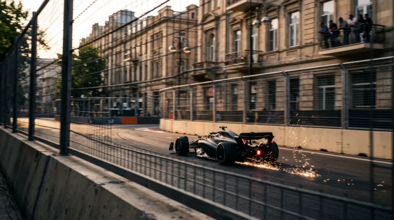 Une monoplace de Formule 1 sombre lance des étincelles sur un circuit urbain bordé de murs de béton et de grillages, devant des immeubles en pierre claire au soleil couchant. Image générée par IA.