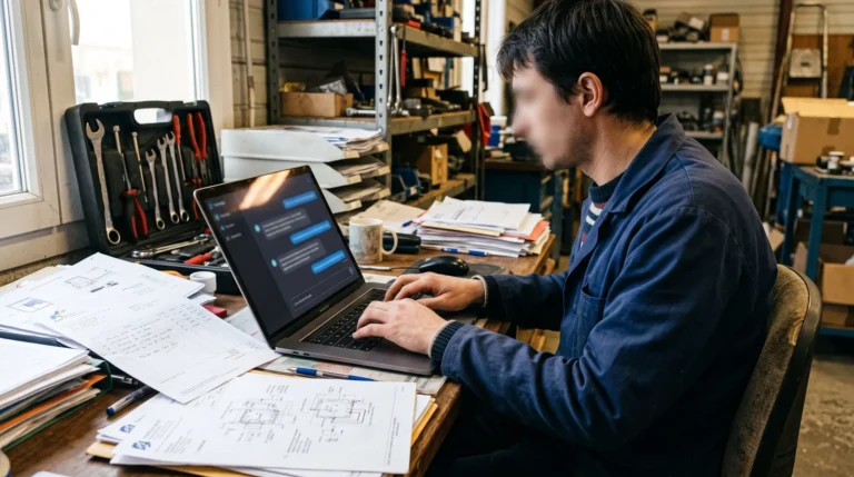 Un employé travaille sur un ordinateur portable dont l'écran affiche une interface floue d'assistant conversationnel, au milieu de documents et d'outils de travail posés sur son bureau. Image générée par IA.