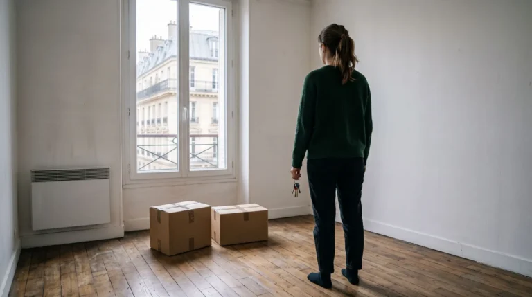 Une locataire vue de dos, des clés à la main, dans un appartement vide avec deux cartons de déménagement sur un parquet ancien. Image générée par IA.