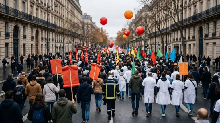Cortège de manifestants vus de dos sur un boulevard parisien, avec des blouses blanches, un pompier, des pancartes orange et des ballons syndicaux. Image générée par IA.
