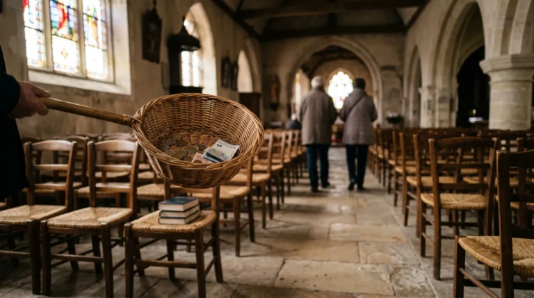 Un panier de quête en osier garni de pièces et de billets, tendu au-dessus des chaises de paille d'une nef d'église, dans la lumière d'un vitrail. Image générée par IA.