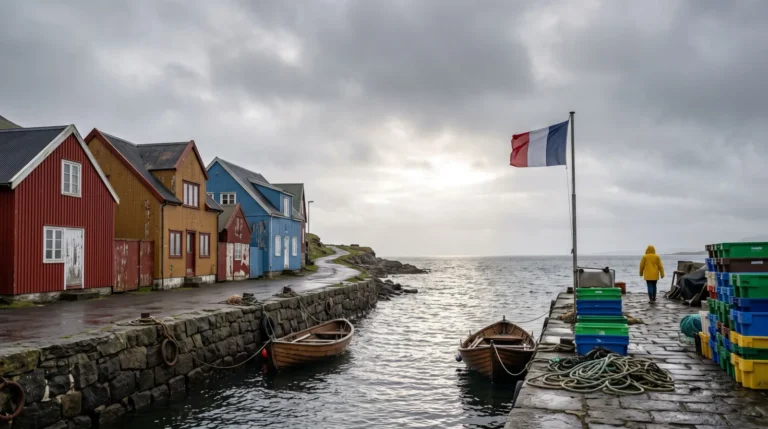 Petit port de pêche d'une île de l'Atlantique Nord, maisons en bois rouges, jaunes et bleues le long du quai et drapeau français sous un ciel gris. Image générée par IA.