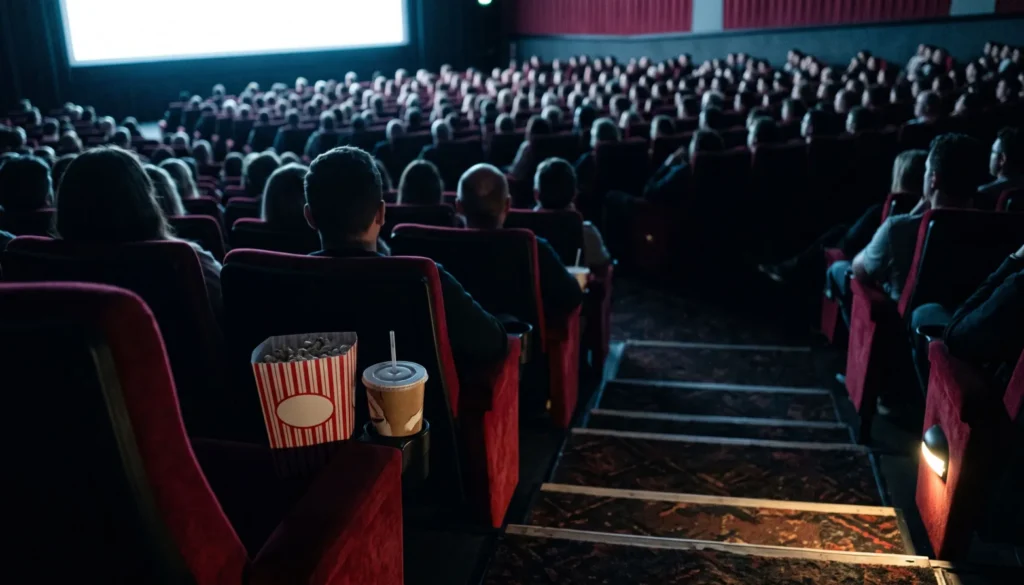 Une salle de cinéma remplie vue des derniers rangs, des spectateurs de dos éclairés par la lueur de l'écran, une boîte de pop-corn et un gobelet posés dans un accoudoir au premier plan. Image générée par IA.