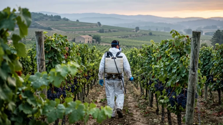 Un viticulteur en combinaison blanche et masque de protection marche de dos entre des rangs de vigne avec un pulvérisateur à dos, au lever du jour. Image générée par IA.