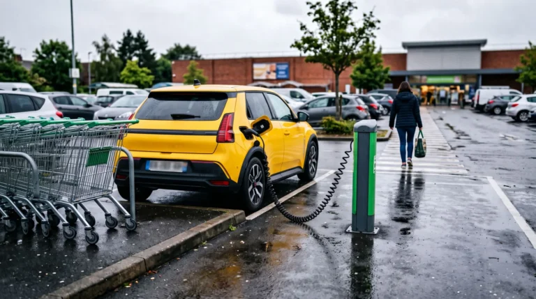 Une petite voiture électrique jaune branchée à une borne de recharge sur le parking détrempé d'un supermarché, des chariots alignés à gauche. Image générée par IA.