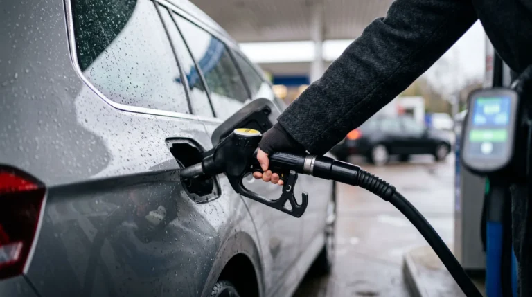 Main tenant un pistolet de carburant noir dans la trappe d'une voiture grise couverte de gouttes de pluie, dans une station-service. Image générée par IA.