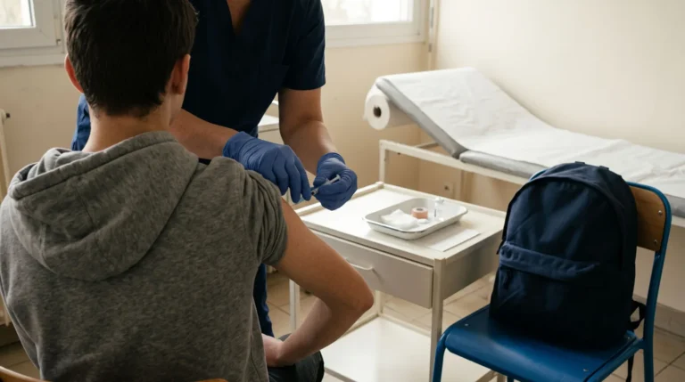 Une infirmière en gants bleus s'apprête à vacciner un adolescent vu de dos, dans une infirmerie scolaire. Image générée par IA.